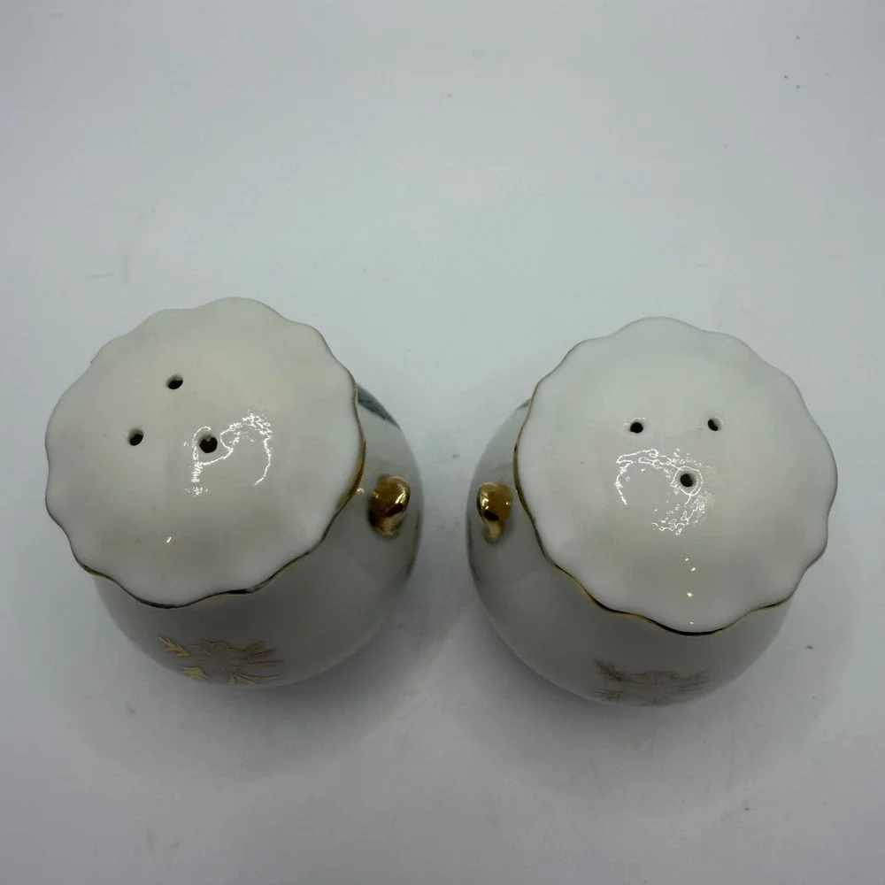 Vintage Enesco Homestead Salt and Pepper Shakers Winter Scenes Gold Trim Set